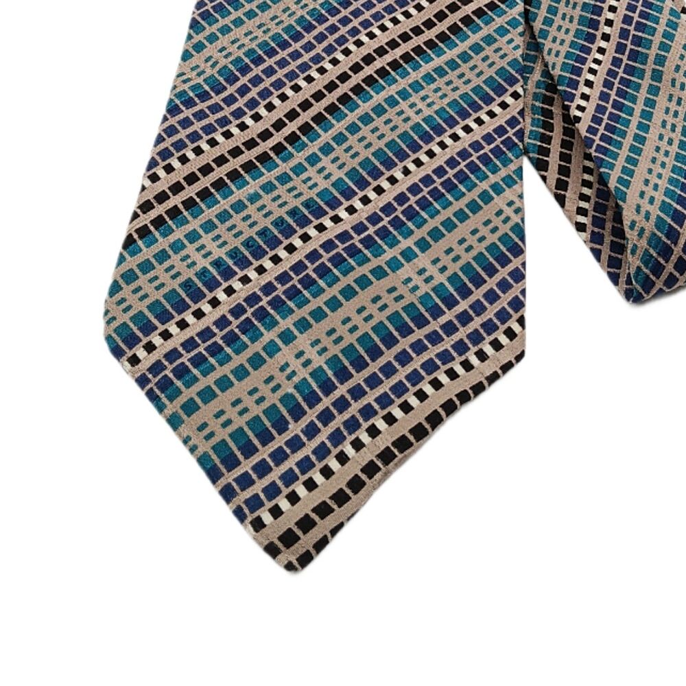Structure Silk Tie Mens 58” Taupe Blue Teal Geometric Designer Wide New